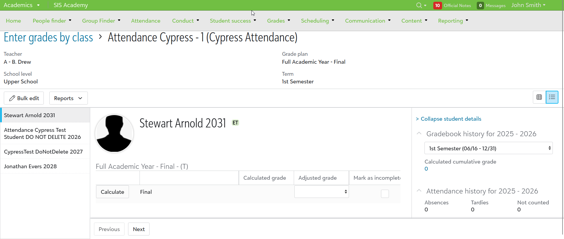 Enter grades by class page